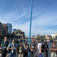 Blue bridge with students